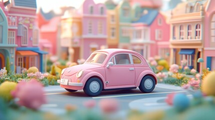 Obraz premium A pastel pink vintage style car parked on a street with colorful charming houses and blooming flowers in the background creating a cheerful and whimsical atmosphere