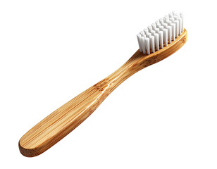 A single wooden bamboo toothbrush with soft white bristles for personal oral hygiene and daily dental care, isolated on a clean white background