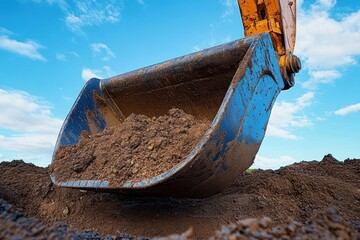 excavator bucket scooping up soil with a clear blue sky background on a bright day