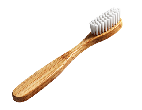 A single wooden bamboo toothbrush with soft white bristles for personal oral hygiene and daily dental care, isolated on a clean white background