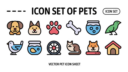 Pet Icon Set – 10 Colorful Vector Pet Icons (Dog, Cat, Paw, Bone, Fishbowl, Bird, Collar, Pet House)