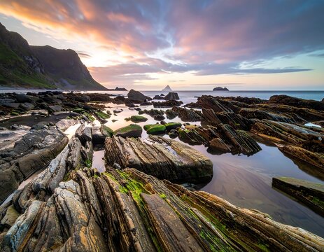Coastal landscape at dawn, with rocky shoreline and colorful sky