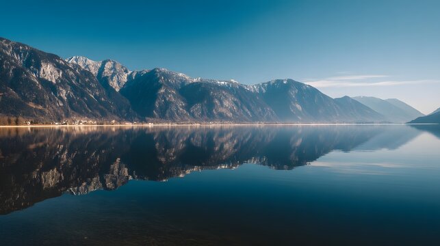 Majestic snow-capped mountains reflect perfectly on the calm, deep blue water of a large lake under a clear sky
