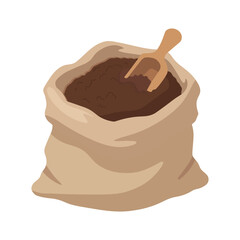 Burlap Sack Filled with Rich Brown Coffee Grounds and Scoo