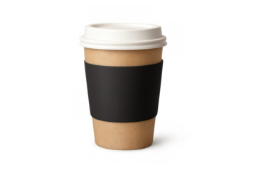 Kraft paper coffee cup with white plastic lid and black sleeve, ideal for branding, takeaway drinks, and mockups