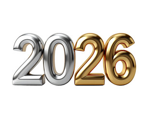 Elegant 3D rendering of the year 2026, with shiny silver and gold metallic numbers isolated on a clean white background for calendars and greetings