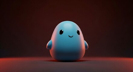 Blue egg shaped character with smiling face stands under red glow blending cute charm with minimalist design and warm digital ambiance