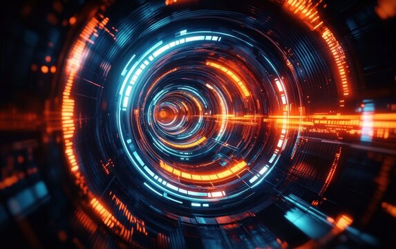 Futuristic glowing circular tunnel with vibrant blue and orange light trails creating a sense of dynamic motion and technological advancement