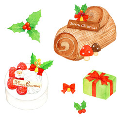 手描き水彩イラスト クリスマスケーキセット いちごショートケーキ ブッシュドノエル 柊 プレゼント / Hand-drawn Watercolor Illustration Christmas Cake Set Strawberry Shortcake Yule Log Holly Present