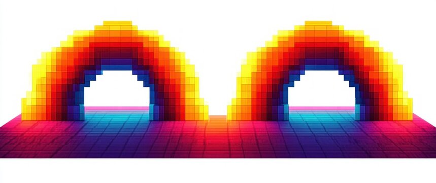 Two symmetrical pixelated arches with vibrant gradient colors ranging from yellow to red, orange, and blue on a flat grid surface against a white background