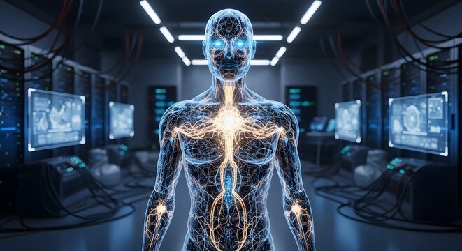 Glowing humanoid AI figure stands in tech lab with neural circuits lit across body blending cybernetic presence with futuristic computing