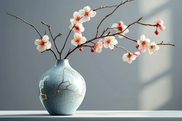 Delicate branches of white and pink cherry blossoms arranged in a cracked ceramic vase with gold repair lines on a light surface against a soft gray background