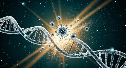 Conceptual 3D illustration of a virus particle causing a mutation in a DNA double helix.
