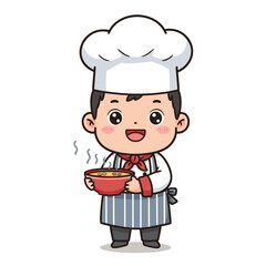 Cartoon chef in uniform and hat with a tray of Italian food illustration
