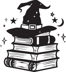 A mystical witch hat on a stack of books with a spider vector illustration, perfect for Halloween or magical-themed designs.
