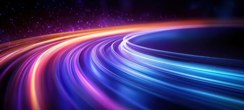 Vibrant curved streaks of neon light in purple, blue, and orange hues against a dark starry background conveying motion and energy