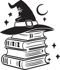 A mystical witch hat on a stack of books with a spider vector illustration, perfect for Halloween or magical-themed designs.