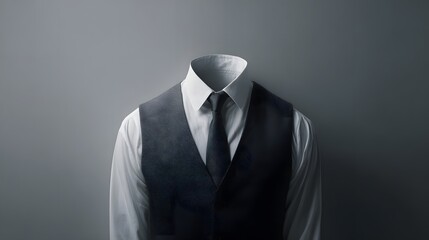 Formal business attire featuring a white collared shirt, dark tie, and waistcoat against a shadowed backdrop