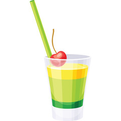 Refreshing Green Layered Cocktail in a Clear Glass with a Red Cherry and Green Straw Transparent Background