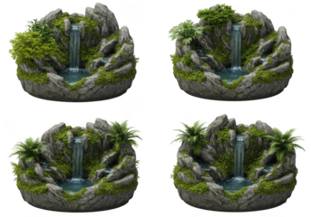 Four realistic miniature fountain dioramas with lush greenery and stone elements isolated on transparent background