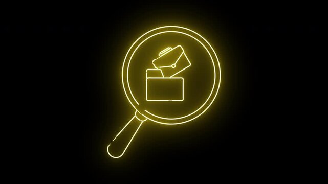 Yellow outline of a magnifying glass focusing on a briefcase atop a folder on a black background