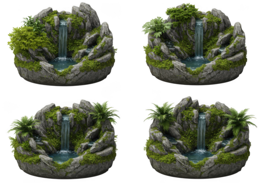 Four realistic miniature fountain dioramas with lush greenery and stone elements isolated on transparent background