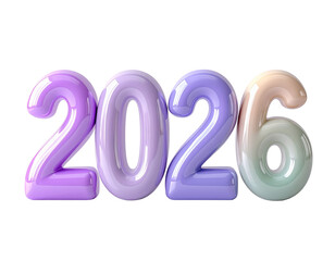 Glossy 3D rendering of the number 2026 with a vibrant pastel gradient and inflated balloon-like design isolated on a white background
