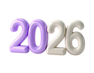 A glossy 3D illustration of the number 2026 in pastel purple and off-white colors, isolated on a white background for New Year concepts