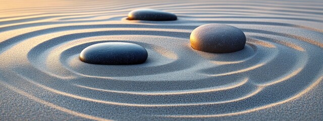 Close-up of smooth black stones placed on raked sand with concentric circular patterns highlighting calm and peaceful atmosphere
