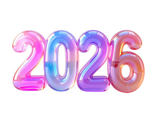 Vibrant glossy 3D numbers showing the year 2026 with an iridescent holographic finish isolated on a white background