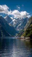 Fototapeta premium Serene Lake Mirrors Snowy Peaks Under Cloudy Blue Skies, New Zealand