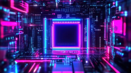 Glowing futuristic digital circuit board with neon pink and blue lights creating a high-tech immersive tunnel effect