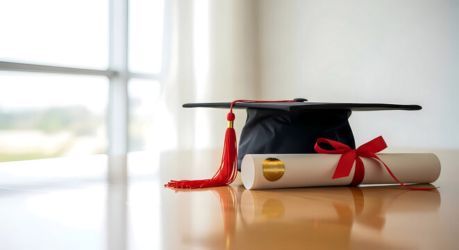 Celebrate graduation success with a mortarboard and diploma, symbolizing achievement, academic excellence, and bright futures for students pursuing higher education