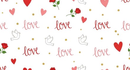 Repeating pattern of red roses, doves, hearts, and "love" text
