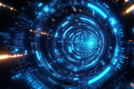Glowing blue and orange circular digital tunnel with radiating light patterns and futuristic technology design