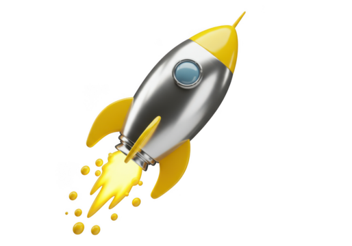 Retro styled rocket launching with fiery exhaust and bright yellow fins isolated on transparent background