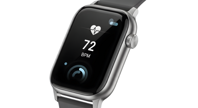 Smartwatch with Heart Rate Monitor Displaying 72 BPM in Black and Silver