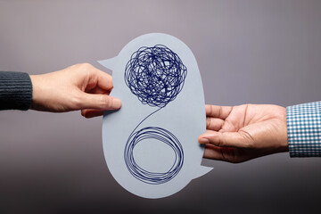 Mind, Mental Health and Talk Therapy Concepts. Speech Bubble with Tangled and untangled. Doctor and...