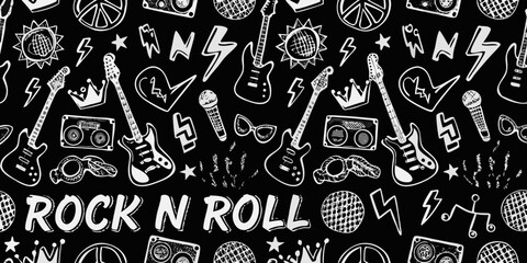 Retro rock and roll music icons and symbols seamless pattern with text
