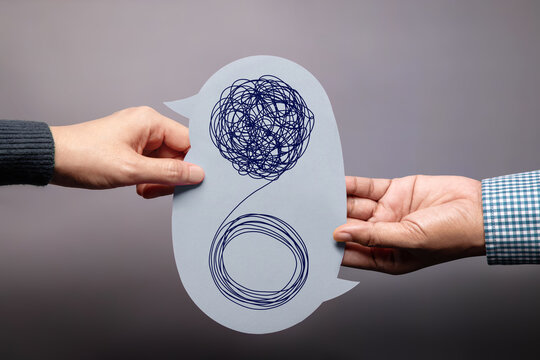 Mind, Mental Health and Talk Therapy Concepts. Speech Bubble with Tangled and untangled. Doctor and patient in Counselling Session