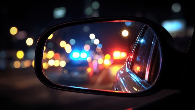 A car's side mirror reflects the vibrant lights of a vehicle with flashing emergency lights at night. - Powered by Adobe
