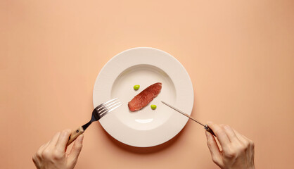 Inflation Concept. High Food Price. Tiny Steak and Green Beans as Percentage