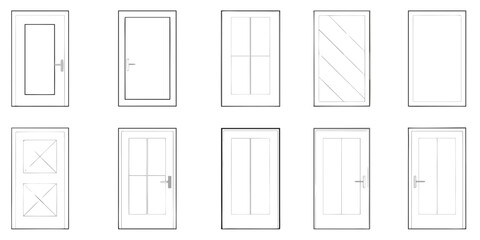 Collection of simple line drawing illustrations of various door and window designs for architectural concepts