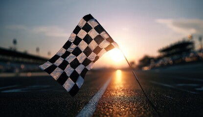 A checkered flag waves proudly in the wind, illuminated by the warm glow of the setting sun on the track.