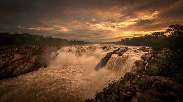 Powerful wide river rapids cascade dramatically through a rocky gorge under an intense sunset sky - Powered by Adobe