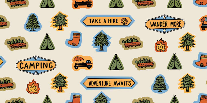 Whimsical camping and hiking adventure pattern with cute icons and motivational sayings - Powered by Adobe