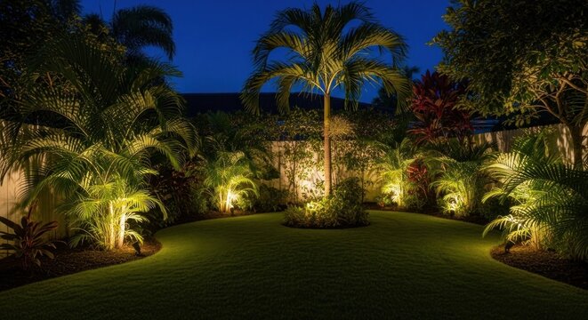 Evening outdoor shot of a lush garden with accent lighting and a central palm tree
