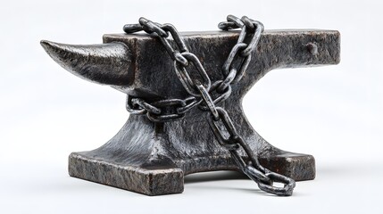 Heavy metal forging tool securely bound by thick metal links against a white background