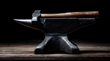Heavy metal anvil with a hammer resting across the top surface