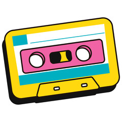 Retro Cassette Tape Icon with Pink Spool and Yellow Casing Featuring Teal Accents on a Clean White Background Capturing a Nostalgic 80s Vibe